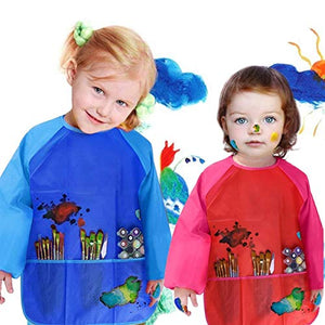 Natuce 2 Pezzi Grembiule da Pittura Bambini, Grembiulino Impermeabile Scuola Maniche Lunghe con 3 Tasche per Bambini 3-7 Anni, Grembiule da Gioco - Pittura, Cucina, Scuola, casa (Giallo + Blu)