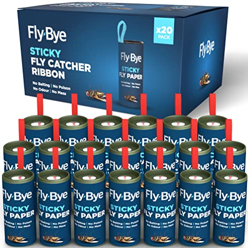 Fly-Bye Nastri per Mosche – Trappola per Mosche – Carta Moschicida - Acchiappa Mosche –Trappola Moscerini - Cattura Mosche - Anti Moscerini Casa - Senza Veleno/Odore, ecologici, Confezione da 20