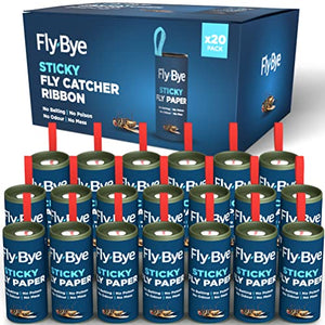 Fly-Bye Nastri per Mosche – Trappola per Mosche – Carta Moschicida - Acchiappa Mosche –Trappola Moscerini - Cattura Mosche - Anti Moscerini Casa - Senza Veleno/Odore, ecologici, Confezione da 20