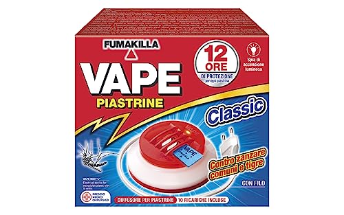 Vape Diffusore Elettrico Con Filo Contro Zanzare comuni e tigre, Durata 12 Ore, Con 10 Piastrine incluse - 180 Gr