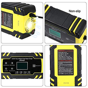 URAQT Caricabatteria Auto, 12V/24V 8A Multi Protezioni Caricatore Giallo