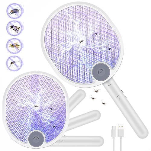 3 in 1 Racchetta Zanzare Elettrica Pieghevole Mosquito Killer 3000V USB Ricaricabile racchetta antizanzare con Base e Appendere al Muro Adatto Uso Interno ed Esterno