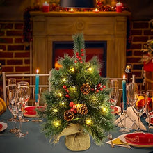 Carica l'immagine nel visualizzatore di Gallery, albero natale piccolo con luci,20 inch Mini albero di Natale artificiale preilluminato con luci a LED calde, ornamenti di pigne con bacche rosse per decorazioni natalizie per interni domestici
