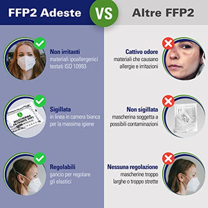 ADESTE - 50 Mascherine FFP2 Bianche Certificate CE, filiera controllata, elastici comodi, anallergici e regolabili. Sicura: filtrazione in simulazione di indossaggio 99,5%. Buste singole sigillate.