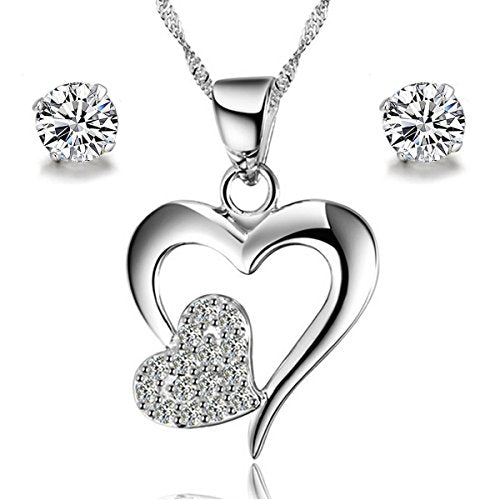 Gilind Collana Argento 925 Cuore e orecchini set per le donne + Double Heart - Ilgrandebazar