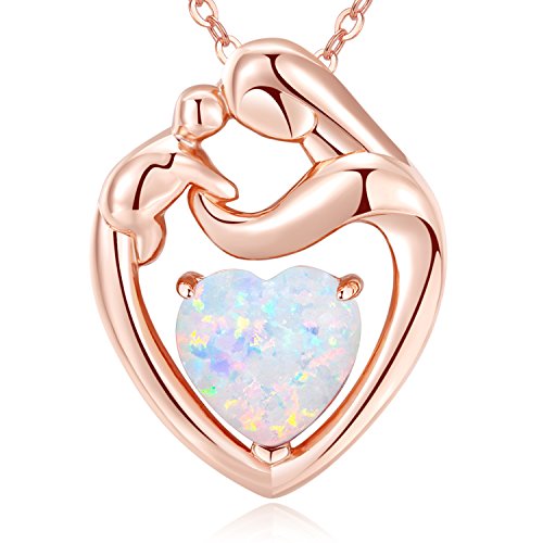 MEGACHIC Collana da Donna Madre Bambino in Oro Rosa con Bianco Opale Cuore - Ilgrandebazar