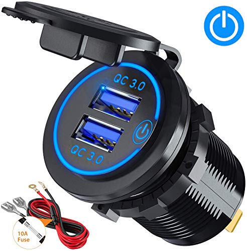 QC3.0 Presa USB per Auto Doppio con Interruttore Touch 12V / 24V 36W Blu