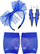 Carica l&#39;immagine nel visualizzatore di Gallery, 80&#39; Fascia in Pizzo Orecchini al Neon Guanti a Rete Senza Dita per Blu - Ilgrandebazar