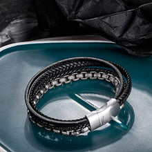 Carica l&#39;immagine nel visualizzatore di Gallery, Murtoo Bracciale Uomo Acciaio Braccialetto Pelle e Pietra Nero E Argento - Ilgrandebazar