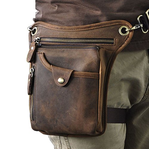 Xieben Vintage Leather Drop Leg Bag per Uomini Donne Marsupio #04deepbrown