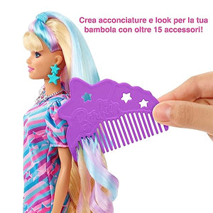 Barbie - Super Chioma Bambola con abito a stelle, capelli fantasia lunghi 21,6cm, 15 accessori alla moda - 8 con effetto cambia colore, Giocattolo per Bambini 3+ Anni, HCM88