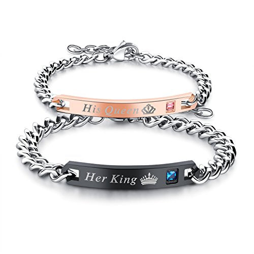 JewelryWe 2pcs Bracciali di Amanti Coppie His Queen Her King, Zirconi Black - Ilgrandebazar