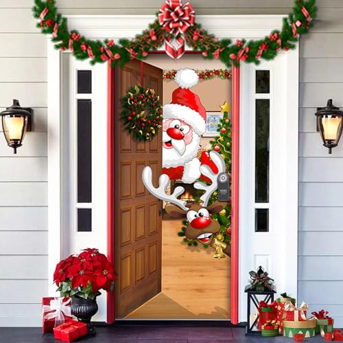 Hyakoz Decorazioni Natalizie per Porta, Babbo Natale Renne Sfondo Porta Copriporta Natalizio Appendere Striscione Natale Decorazioni per Porte, Pareti, Finestra, Festa di Natale 90 X 200cm