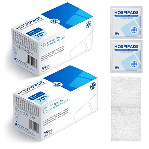 AIESI® Tamponi salviette disinfettanti a base di alcool isopropilico 70% dimensioni 65x30 mm confezionati singolarmente (Confezione da 200 pezzi) HOSPIPADS