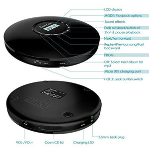 Gueray Lettore CD Portatile con Batteria al litio 1400 mAh incorporato Nero 01