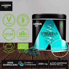 Carica l'immagine nel visualizzatore di Gallery, 600 Compresse di Spirulina BIO | 3000mg di Alga Spirulina per dose | Saziante 100% Naturale - Detox Bio | Spirulina Bio Compresse | Energia - Sistema Immunitario | Proteine Vegane | Senza Plastica