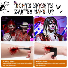 Carica l'immagine nel visualizzatore di Gallery, FURTIME Halloween Sangue Finto, 60ml Sangue Artificiale Fresco, 60ml Sangue Finto Rosso Scuro, Denti da Zombi, 30 Tatuaggi Temporanei per Cicatrici, Trucco per Cicatrici da Vampiro di Halloween