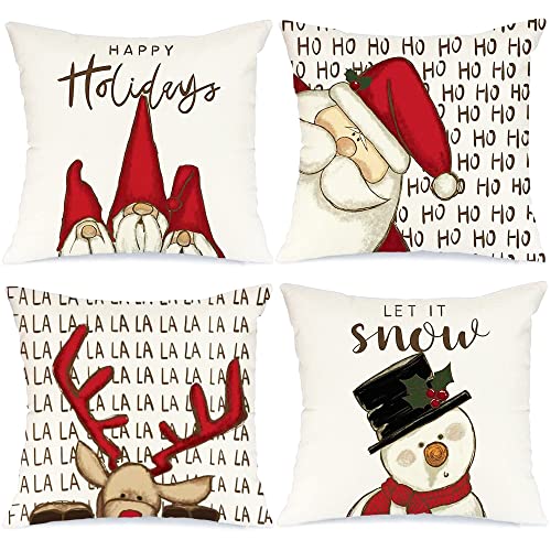Set 4 Fodere Cuscini Divano Natale 45x45 Cm – In Cotone Lino, Stampe Natalizie, Con Cerniera (Solo Federe)