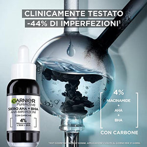 Garnier Siero Anti-imperfezioni, Per Pelle Grassa, Impura e Mista,Contrasta Punti Neri e Brufoli, Formula Vegana* con 4% [Niacinamide + AHA + BHA], Siero Pure Active AHA+BHA con Carbone, 30 ml