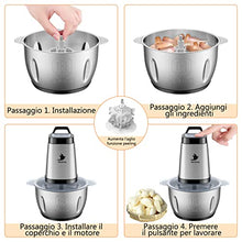 Carica l'immagine nel visualizzatore di Gallery, Nestling® 600W Robot da Cucina,Tritatutto Elettrico da 2 litri,Tritatutto per Verdure con 4 Lame Affilate per Carne, Verdure,Cipolle e Frutta [Classe di efficienza energetica A+++]