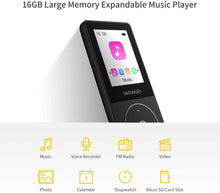 Carica l&#39;immagine nel visualizzatore di Gallery, Lettore MP3 16GB, MP3 Music Player Portatile con Radio FM Registratore per Correre,Audio PlayerDigitale Lossless con Cuffie Espandibile fino a 128 GB Nero E8-Black