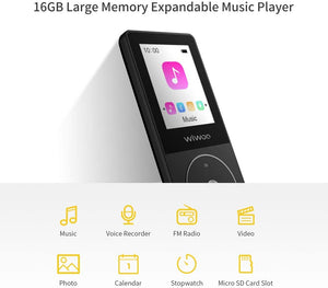 Lettore MP3 16GB, MP3 Music Player Portatile con Radio FM Registratore per Correre,Audio PlayerDigitale Lossless con Cuffie Espandibile fino a 128 GB Nero E8-Black