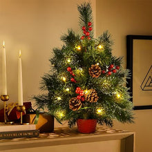 Carica l'immagine nel visualizzatore di Gallery, albero natale piccolo con luci,20 inch Mini albero di Natale artificiale preilluminato con luci a LED calde, ornamenti di pigne con bacche rosse per decorazioni natalizie per interni domestici
