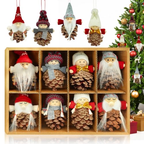 KAZATE Decorazioni Albero di Natale Ciondoli, 8 Pezzi Pigne Naturali Piccolo Gnomo Pendenti Addobbi Natalizi Regali, Fatte A Mano Bambola Folletto di Natale Decori per Camino