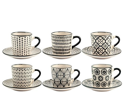 H&H Vhera Set 6 Tazzine Caffè con Piattino, Stoneware, Bianco/Nero, 90 ml - Ilgrandebazar