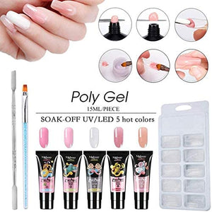 Anself 5 *15ml Poly Gel Unghie kit + 100 pezzi Unghie Finte Strumenti Rapida Asciugatura con Pennelli e Penna a Doppia Testa per Nail Art