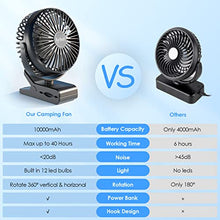 Carica l&#39;immagine nel visualizzatore di Gallery, Mini Ventilatore USB Portatile con Clip 10000 mAh, 3 in 1 Ventilatore Versatile con Luce a LED, 12-40 ore, Ricaricabile Ventilatore da Tavolo Silenzioso, Rotazione di 360°, per Ufficio, Auto, Viaggio