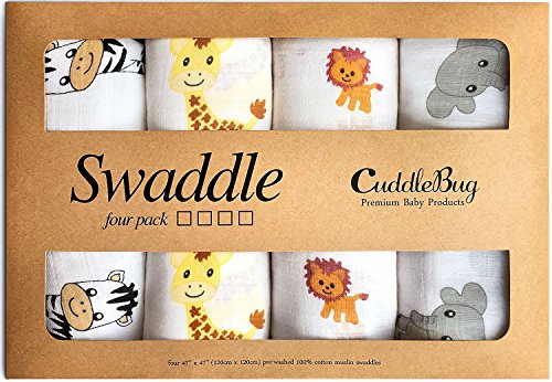 CuddleBug Mussole Neonato Pacco da 4 - Copertina neonato Amici di Safari - Ilgrandebazar