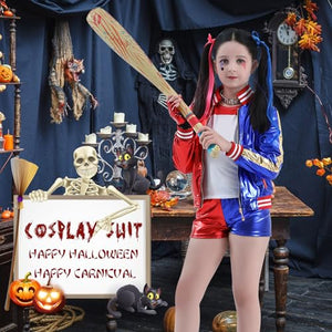 Forfamy Costume Halloween Bambina, Harley Queen Cosplay Outfit con Gonfiabile Mazza da Baseball Giacca Maglietta Pantaloncini Guanto Collana e Parrucca per Carnevale Halloween (140)