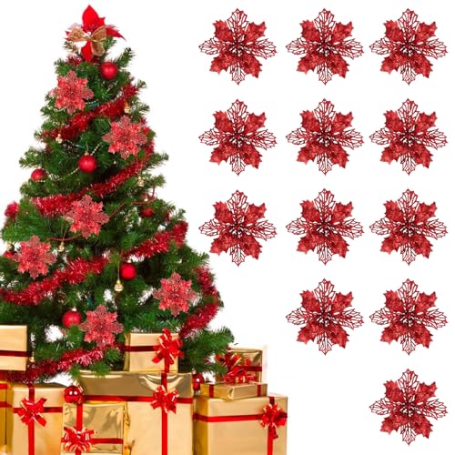 FINDIR 12 Pezzi Fiori di Natale Rossi Fiori Artificiali Natalizi Stelle di Natale Decorazioni Natalizie Natale Glitter Poinsettia Fiori di Natale Artificiali per Albero di Natale