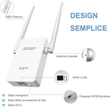 Carica l'immagine nel visualizzatore di Gallery, JOOWIN Ripetitore WiFi 300Mbps WiFi Extender 2.4GHz Wireless Amplificatore WiFi, Modalità Ripetitore/Router/AP/Bridge, Ripetitore WiFi potente con WPS, Ripetitore WiFi Ethernet White