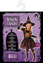 Carica l'immagine nel visualizzatore di Gallery, Rubies Costume da Strega Candy per bambina, Abito da strega con maniche, calze e cappello con disegni di zucca stampati, Originale di Rubies, Ideale per Halloween, carnevale e compleanni