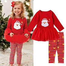 Carica l'immagine nel visualizzatore di Gallery, Loalirando Completo Natale Abiti Bambina Neonata a Manica Lunga Stampa Babbo Natale in Tulle Bambina Rosso+Pantaloni a Strisce