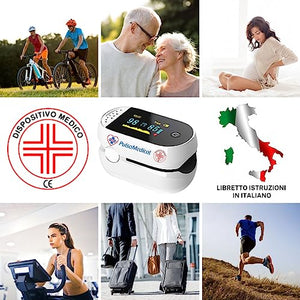 PulsoMedical Saturimetro da Dito Professionale Certificato CE, Pulsossimetro Ossimetro 4 Pile AAA OMAGGIO, Saturazione Ossigeno Sp02, Frequenza, Battito Cardiaco, Indice di Perfusione