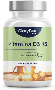 Vitamina D3 K2 200 Compresse (7 Mesi), Vitamin D3 2000 UI + 100 µg Vitamina K, Supporta Ossa, Denti, Muscoli, Articolazioni & Sistema Immunitario, Vit D3 e Vitamina K2 Menachinone MK7 99%, Vit D3