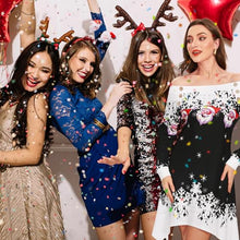 Carica l&#39;immagine nel visualizzatore di Gallery, ANVIGO Vestiti di Natale Donna, Abito stampato di Natale, Abbigliamento Vatalizio Donna, Maniche lunghe con fiocchi di neve e motivi di Babbo Natale per Feste di Natale, Cene di Famiglia (L, Nero)