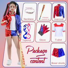 Carica l&#39;immagine nel visualizzatore di Gallery, Forfamy Costume Halloween Bambina, Harley Queen Cosplay Outfit con Gonfiabile Mazza da Baseball Giacca Maglietta Pantaloncini Guanto Collana e Parrucca per Carnevale Halloween (140)