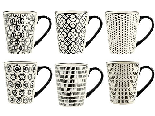H&H Vhera Set 6 Tazze Mug, Stoneware, Crema/Nero, 350 ml - Ilgrandebazar