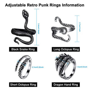 Hicarer 4 Pezzi Vintage Anelli Punk Polpo Drago Regolabile Anello in Acciaio... - Ilgrandebazar