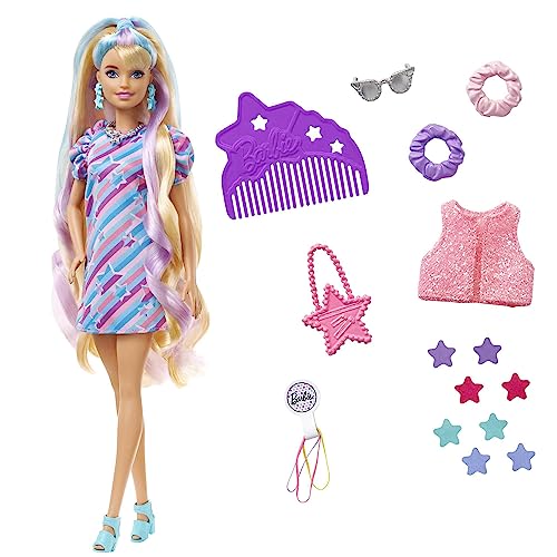 Barbie - Super Chioma Bambola con abito a stelle, capelli fantasia lunghi 21,6cm, 15 accessori alla moda - 8 con effetto cambia colore, Giocattolo per Bambini 3+ Anni, HCM88