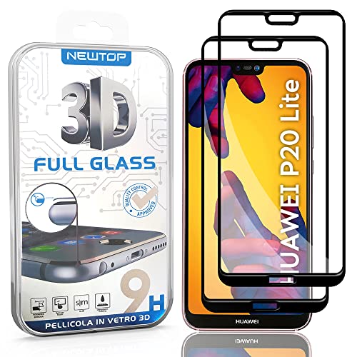 N NEWTOP Pellicola 3D FULL Compatibile con Huawei P20 Lite, GLASS FILM 0.4mm 9H Vetro Temperato Protezione Completa Full Screen Totale Bordi Schermo Display Anti Urto (Nera, 2)