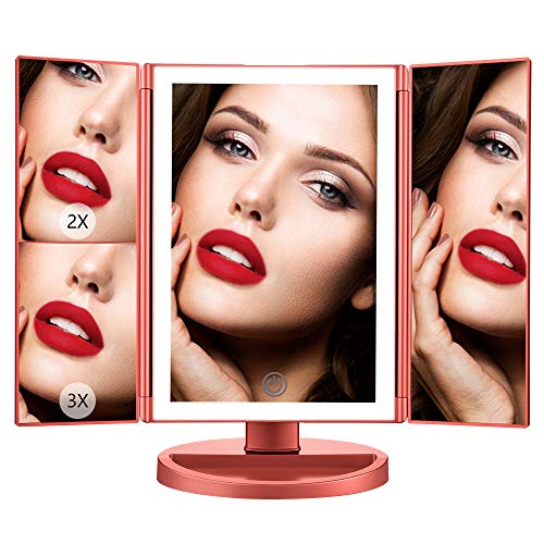 Ammiy Specchio per Il Trucco con Luce 1x / 2X / 3X Trifold ingrandente con...