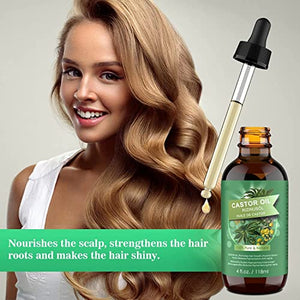 Olio di Ricino Puro 100% - 118ml Castor Oil Spremuto a Freddo Stimola la Crescita dei Capelli, Ciglia e Sopracciglia, Cura della Barba, Unghie, Corpo e Viso - Bottiglia di Vetro con Pennelli e Pipetta