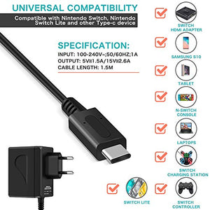 Nintendo Switch AC Adapter, Alimentatore PD Tipo-C Adattatore, Nero