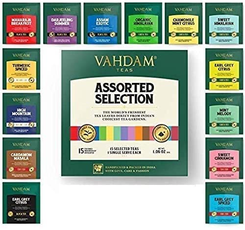 VAHDAM Migliori assortimenti di tè | 15 diverse bustine di tè assortimenti di campionari confezione regalo Variety Pack | Meglio di tè nero, tè verde, tè Oolong, tè alle erbe e tè Chai | regalo natale