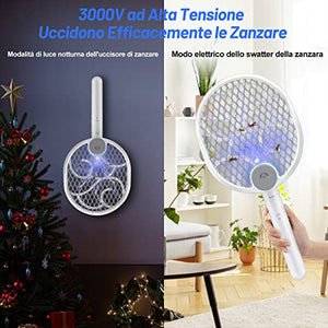 3 in 1 Racchetta Zanzare Elettrica Pieghevole Mosquito Killer 3000V USB Ricaricabile racchetta antizanzare con Base e Appendere al Muro Adatto Uso Interno ed Esterno